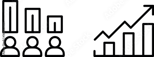 Icon set representing declining and rising business trends with audience and growth charts silhouette