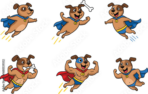 Cute superhero dog cartoon characters in flying action with cape, bone, strong muscles, and mask vector illustration collection