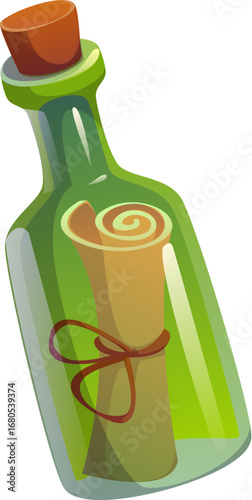 Cartoon bottle with pirate treasure map. Isolated vector transparent glass flask, sealed tightly with a cork, encases a rolled parchment with message. Sea adventure game asset, mysterious glass bottle