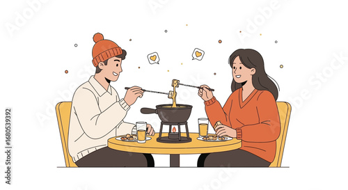 Romantic Couple Enjoying Fondue Together At A Cozy Table, Sharing A Delicious Meal