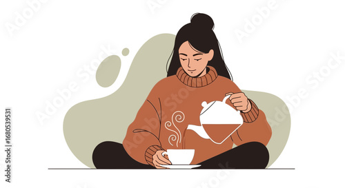 Serene Moment Of Tea Pouring: A Woman Finds Peace In A Relaxing Ritual