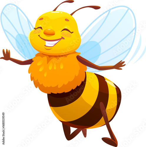 Cartoon honey bee character flying and smiling with raised arms, joyful face and transparent wings. Isolated cute vector cheerful and joyful insect with happy expression exudes spring fun in garden