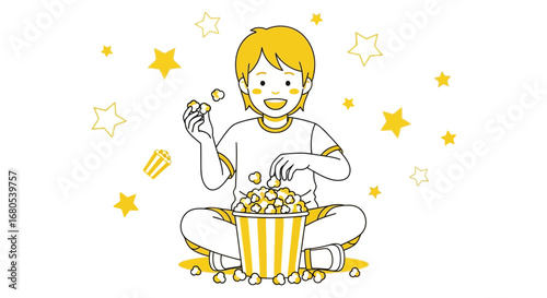 Smiling Boy Eating Popcorn Amongst Stars While Enjoying Leisure Time