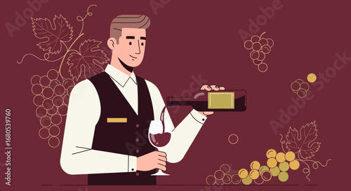 Sommelier Carefully Pouring Wine Into a Glass in a Stylish Artistic Illustration