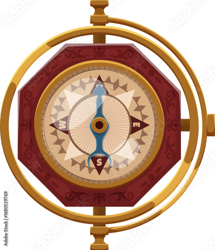 Cartoon vintage compass Caribbean pirates or corsairs game icon. Isolated vector ancient, nautical, sea navigation item, reveals wind rose symbol with directions and arrow, tool for maritime adventure