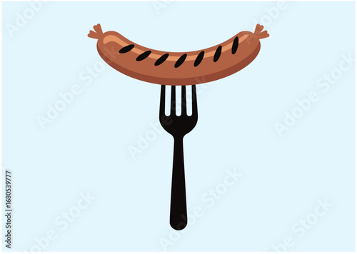 Fried sausage on fork icon, Fried sausage on fork vector
