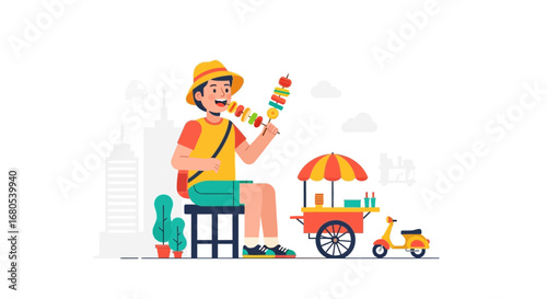 Street Food Vendor Offers Delicious Skewers Alongside His Mobile Food Cart