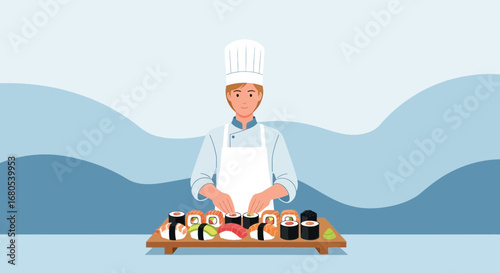 Sushi Chef Artfully Arranging Culinary Creations on Wooden Platter and Serving Customers