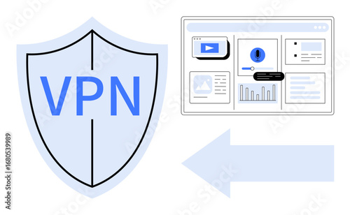 Shield featuring VPN text next to web browser with media, alert, and graph icons connected by an arrow. Ideal for cybersecurity, online privacy, data encryption, secure browsing, internet connection
