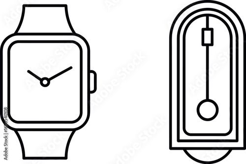 Simple outline icons of a wristwatch and a pendulum clock for timekeeping and measurement concepts silhouette