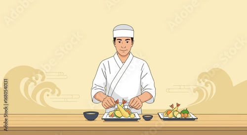 Sushi Craftsmanship: A Culinary Artisan Presenting Intricate Tempura Japanese Cuisine