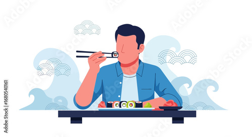 Sushi Enjoyment: A Man Savoring Seafood Rolls Near Decorative Water Elements