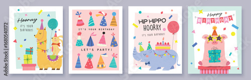 Happy birthday collection with cartoon character animals, cakes and colorful confetti. Birthday party vector illustration for greeting card, gift tag, invitation, poster, sticker, prints.

