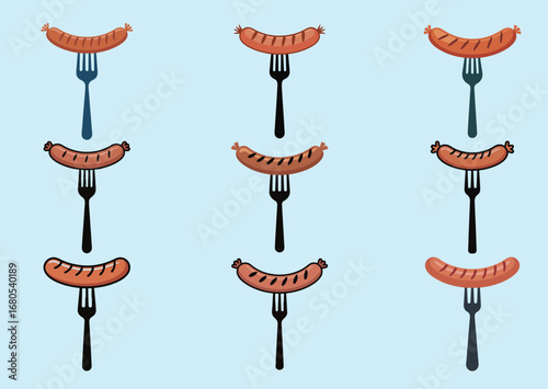 Fried sausage on fork icon, Fried sausage on fork vector