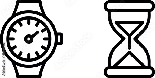 Classic wristwatch and vintage hourglass icons representing time management and schedule planning silhouette