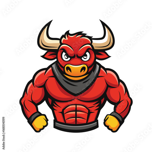 Muscular red bull character mascot with fierce expression and powerful physique
