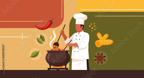 The Chef Crafts Aromatic Dishes: Culinary Illustration with Spices and Flavorful Ingredients