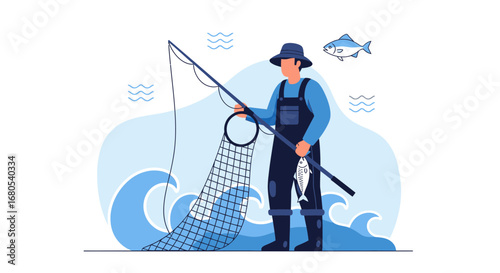 Vector Illustration Of Fisherman Catching Fish In The Sea With Fishing Gear And Equipment