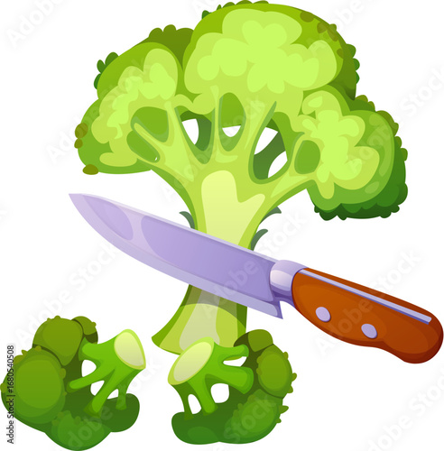 Cartoon fresh broccoli being sliced with a kitchen knife, symbolizing cook food process, healthy cooking, meal preparation and vegetable based diets. Isolated vector natural organic veggie slices