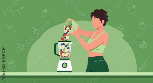 Woman Assembling Ingredients for a Refreshing Smoothie in a Blender, Healthy Lifestyle