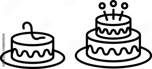 Hand drawn outline style birthday cakes one lit with candles other partially eaten for celebration silhouette