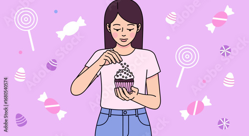Woman Adorning Cupcake With Sprinkles Amidst Candy Elements On Purple Background