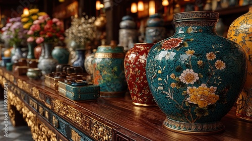 Ancient Chinese Porcelain Shop with Ceramic Vases on Gold-decorated Tables and Carved Turquoise Frames