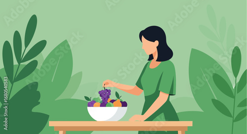 Woman Choosing Fruit From Bowl, Healthy Eating, Green Background And Leafy Design