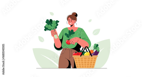 Woman Displaying Fresh Garden Produce, Embracing Health and Vibrant Living, Illustration