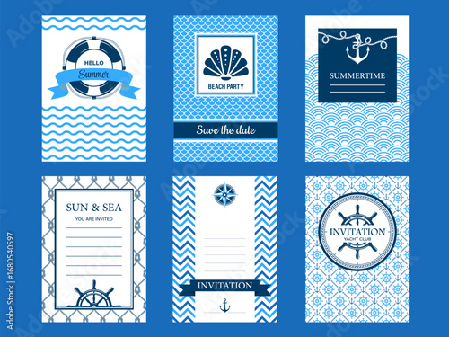 Marine nautical invites. Vector set of invitation templates featuring maritime symbols, patterns and text. Save the date and invitation layouts for summer parties, beach events, yacht club gatherings