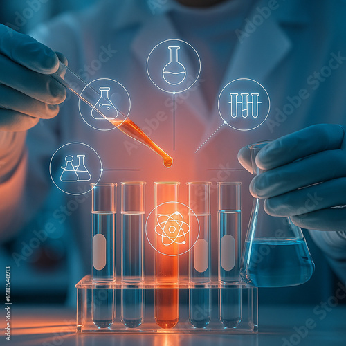AI generated digital artwork of a scientist using pipette over test tubes with glowing holographic science icons symbolizing modern laboratory research technology and futuristic innovation