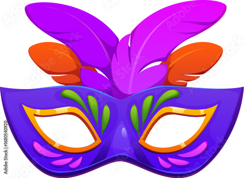 Brazil carnival party mask with colorful feathers. Isolated cartoon vector decorative festival face accessory for masquerade, samba, celebration or Latin cultural parade and Brazilian holiday event