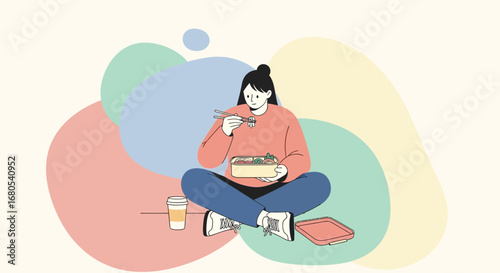 Woman Enjoying Packed Lunch: Illustration of Healthy Eating Habits And Lifestyle