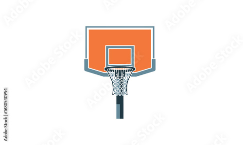 Flat design illustration of an orange basketball backboard with a net and black rim, viewed from the front.