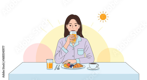 Woman Enjoying Orange Juice And Breakfast In The Morning Sunlight For A Healthy Start Day