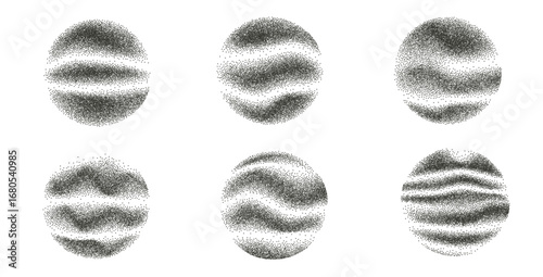 Organic noise gradient round element set. Speckle dotwork gradient circles with wavy pattern collection. Vector black shapes of dots texture. Ink paint spray icon isolated on transparent background.