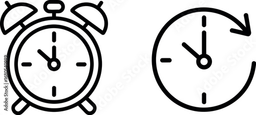 Two clock icons classic alarm clock and circular time indicator for concepts of time management and scheduling silhouette