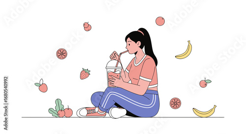 Woman Enjoying Refreshing Fruit Smoothie Surrounded By Bananas, Strawberries, Oranges, And Apples