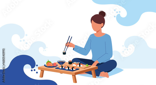 Woman Enjoying Japanese Cuisine With Elegant Chopsticks and Fresh Sushi Presentation Style