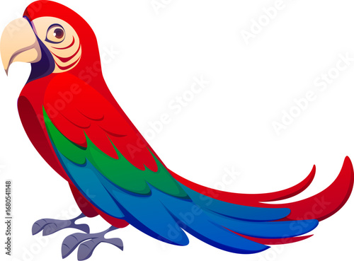 Cartoon vibrant macaw parrot, Brazil carnival party character with red, blue and green feathers. Isolated vector exotic bird symbol of the tropics, nature, and rainforest wildlife, exotic animal