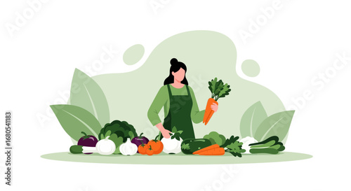 Woman Holding Carrots Near Vegetables Freshly Harvested in a Modern Style