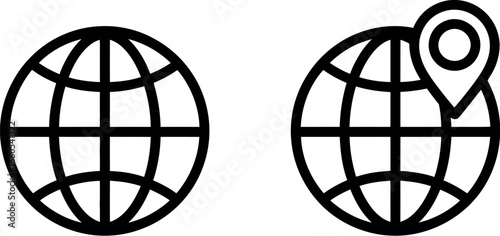 Global navigation and location pin icons representing worldwide travel and connectivity simple line art silhouette
