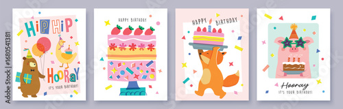 Happy birthday collection with cartoon character animals, cakes and colorful confetti. Birthday party vector illustration for greeting card, gift tag, invitation, poster, sticker, prints.

