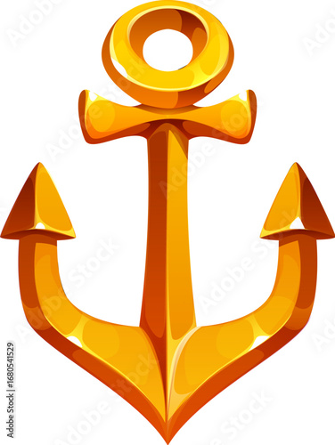 Cartoon gold ship anchor pirate icon. Isolated vector Caribbean corsairs game asset for nautical sea adventures, or playful marine storytelling. Marine golden armature equipment from old sailing boat