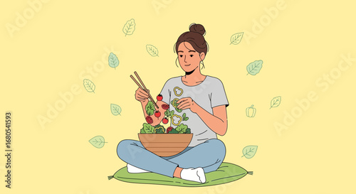Woman Prepares Colorful Salad, Healthy Eating Scene Against Yellow Background Presentation