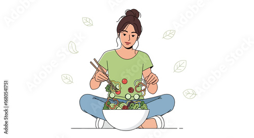 Woman Prepares Nutritious Salad, Demonstrating Vegetarianism and Healthy Cuisine
