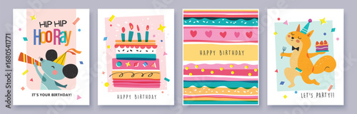 Happy birthday collection with cartoon character animals, cakes and colorful confetti. Birthday party vector illustration for greeting card, gift tag, invitation, poster, sticker, prints.

