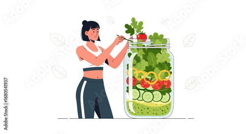 Woman Preparing Fresh Salad In Delicious Jar Ready For Consumption, Healthy Lifestyle
