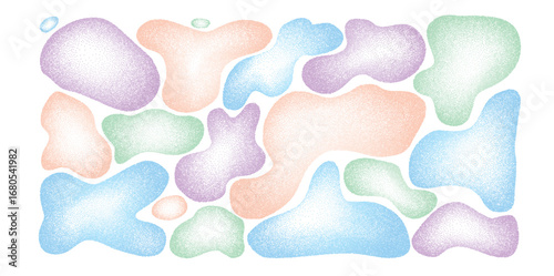 Liquid organic grain gradient pastel shapes set. Irregular bacteria dots figures. Abstract grainy noise fluid. Uneven shape splashes. Wavy blob and drops. Vector dynamic spots background illustration.