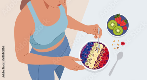 Woman Preparing Healthy Breakfast Bowl with Colorful Fruits for a Nutritious Start